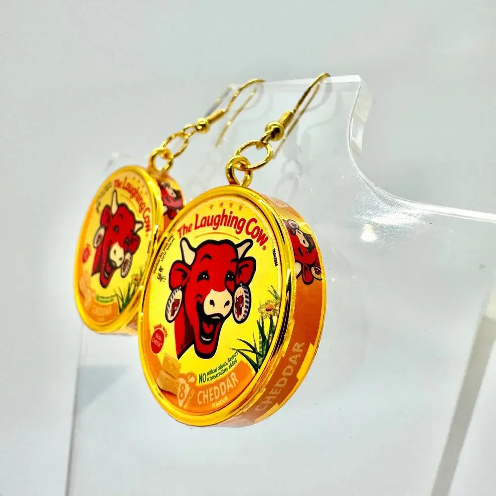 Gold Laughing Cow Earrings - Metallic Cheese Dangles - Playful Foodcore Style